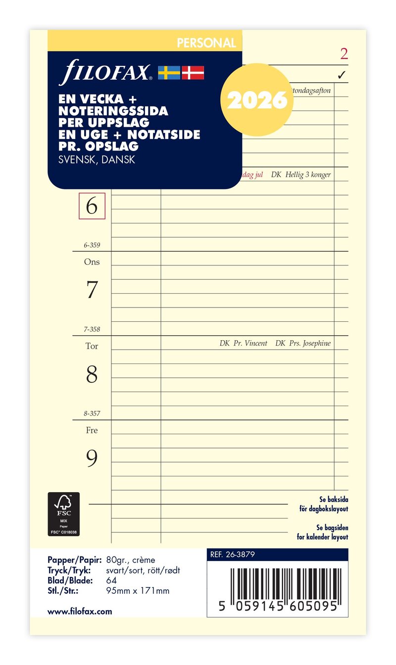 Filofax Personal Refill 2026 Vecka/Sida + Notes Svensk/Dansk