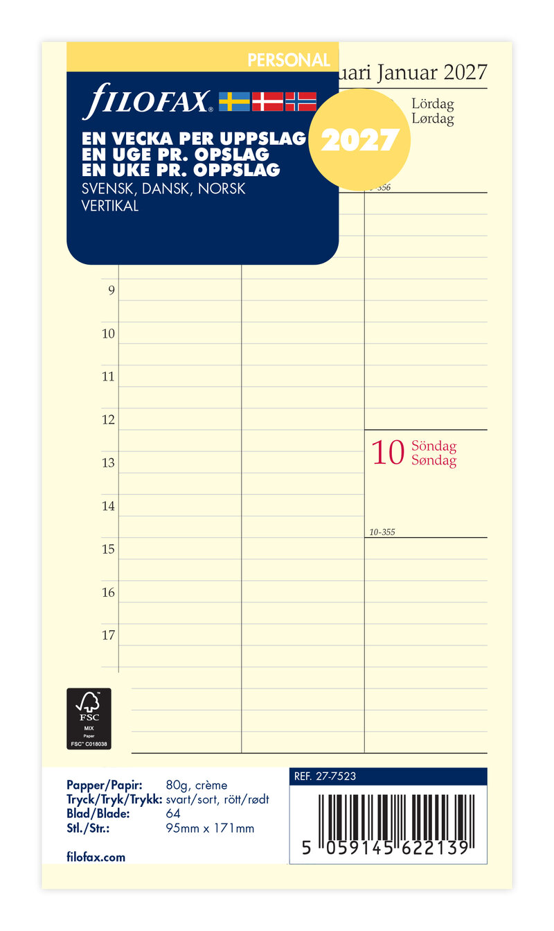 Filofax - Personal Refill 2027 Vecka/Uppslag Vertikal