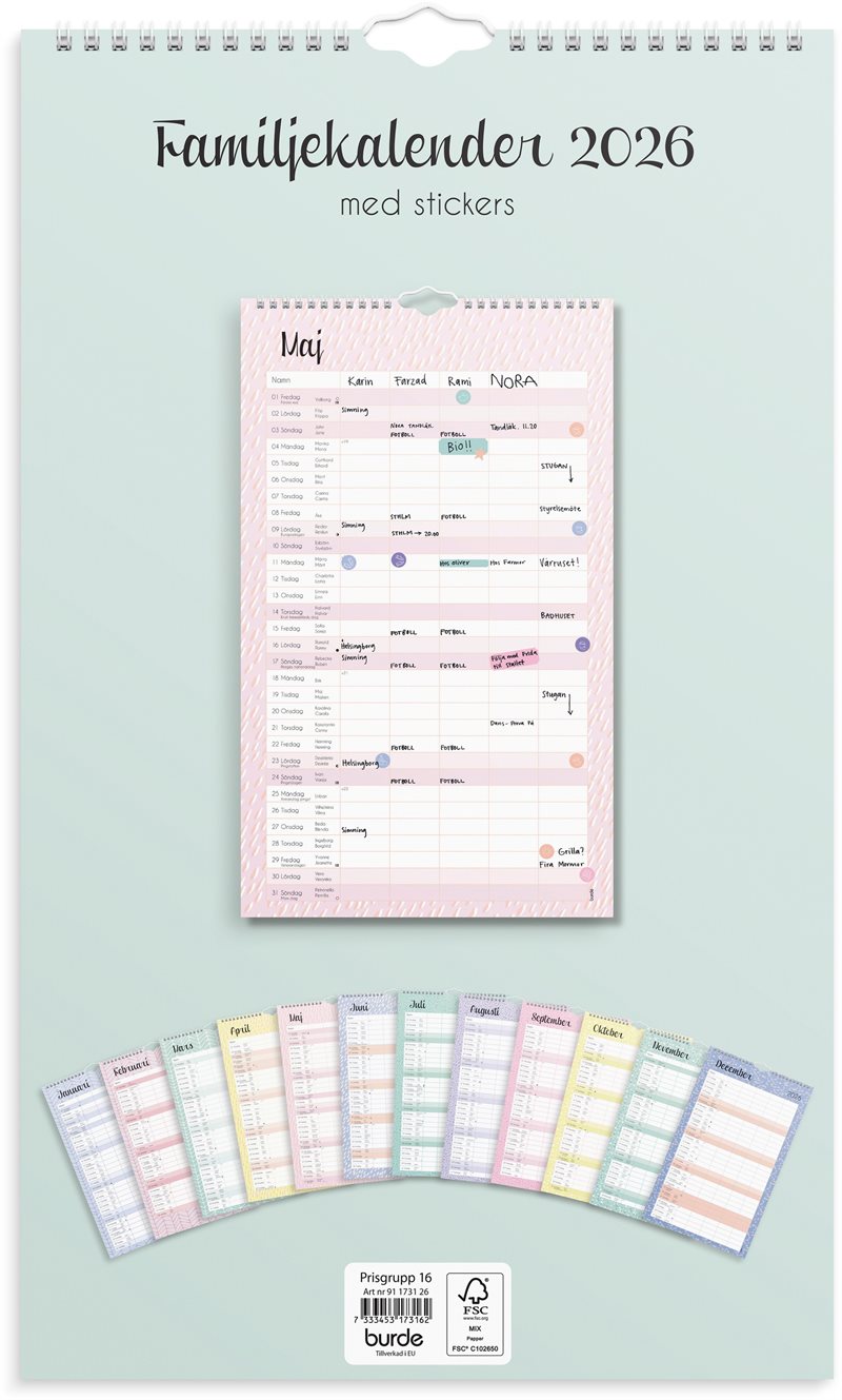 Familjekalender 2026 Pastell stickers