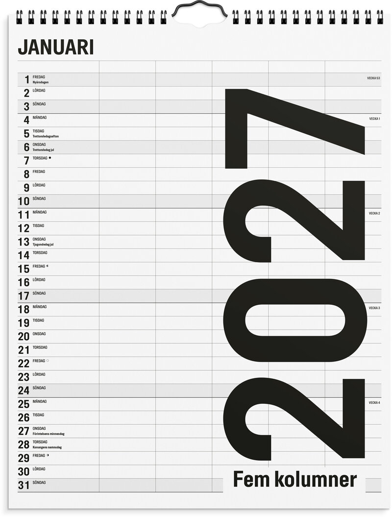 Familjekalender 2027 Black and white 5 kolumner