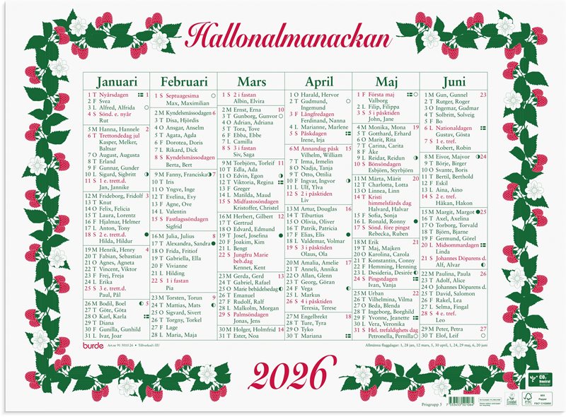 Väggkalender 2026 Stora Hallonalmanackan