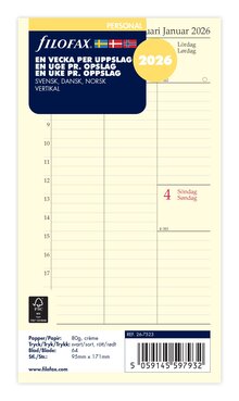 Filofax Personal Refill 2026 Vecka/Uppslag Vertikal