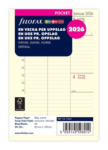 Filofax Pocket Refill 2026 Vecka/Uppslag Vertikal . Språk svensk /dansk/norsk