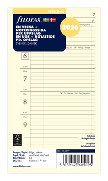 Filofax Personal Refill 2026 Vecka/Sida + Notes Svensk/Dansk